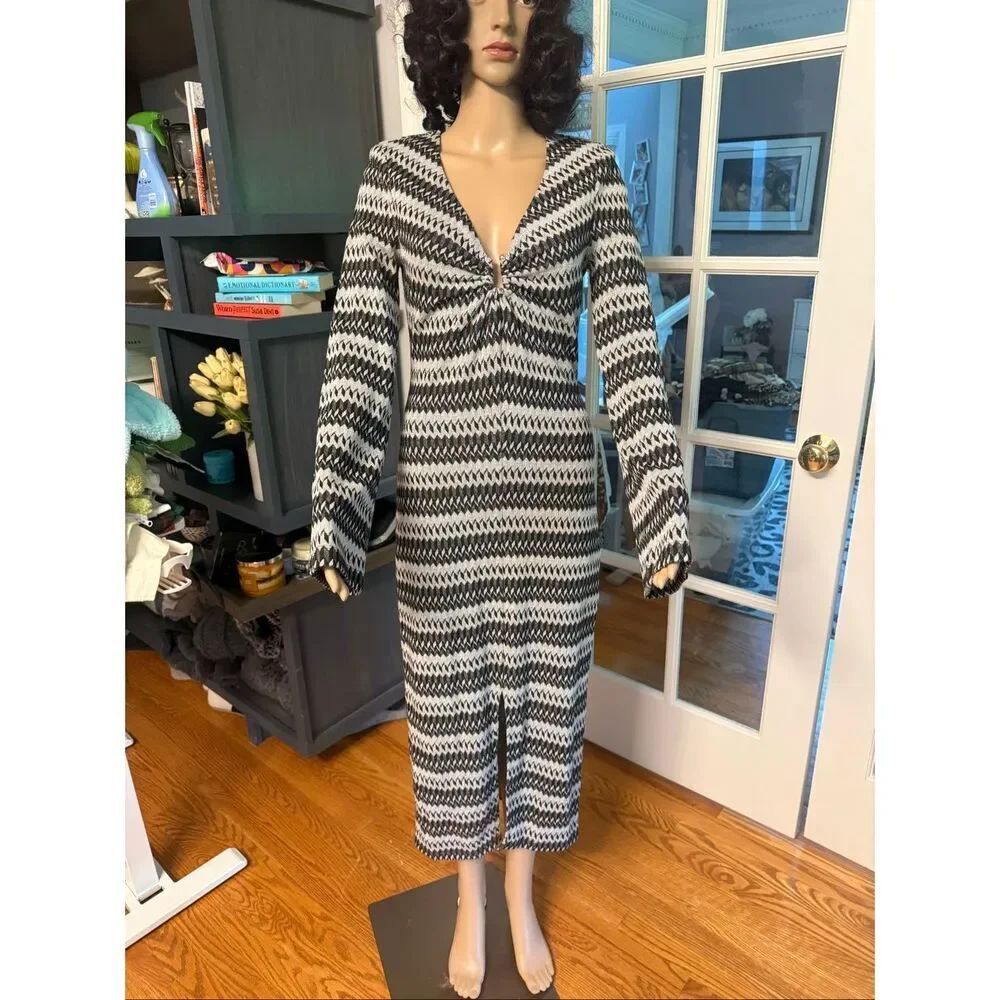 Ramy Brook Halle Silver & Black Geometric U Hook Maxi Dress sz 2 NWT